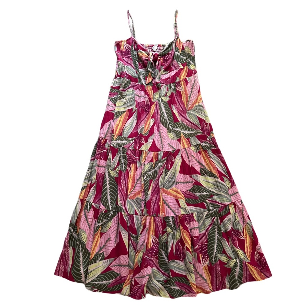 LOFT Beach Tropical Palm Maxi Dress Tie Front Tiered Size Large
